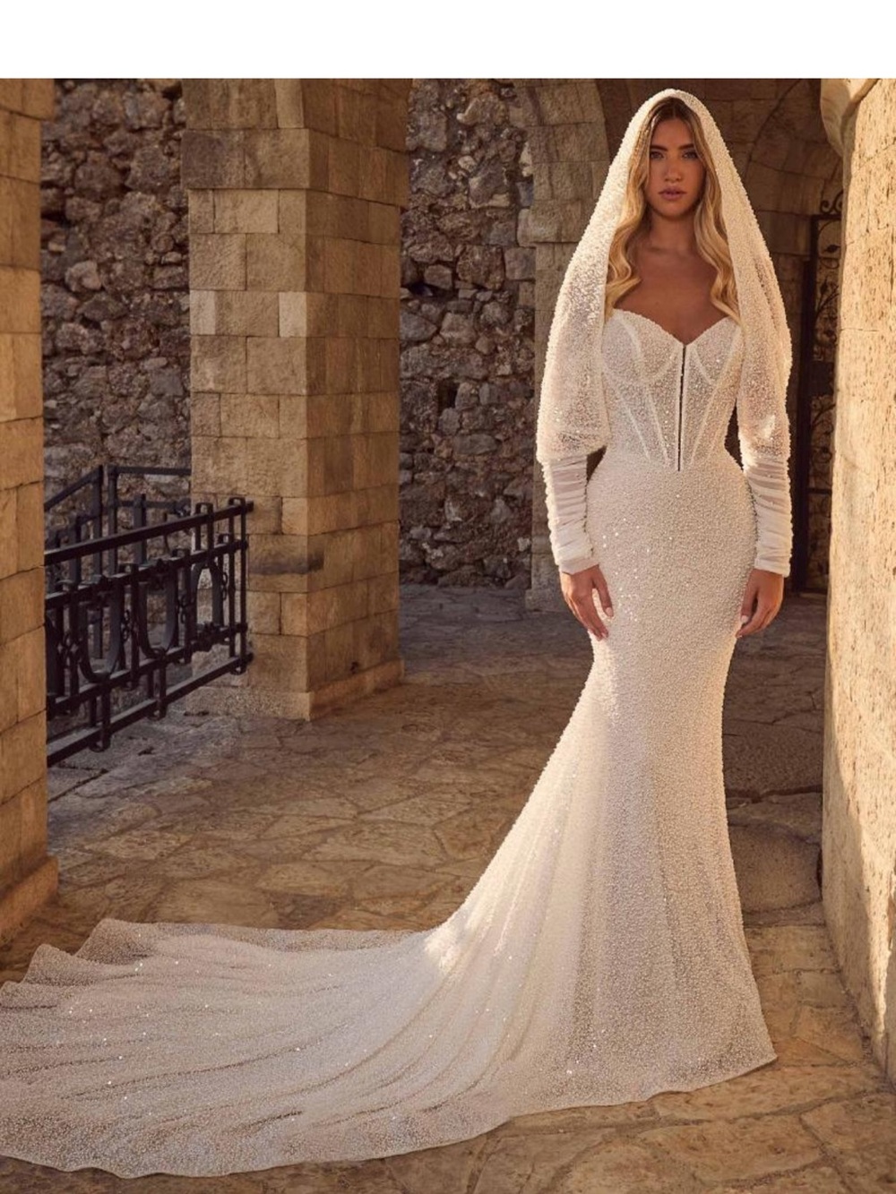 Beaded Hooded Mermaid Wedding Gown in Ivory